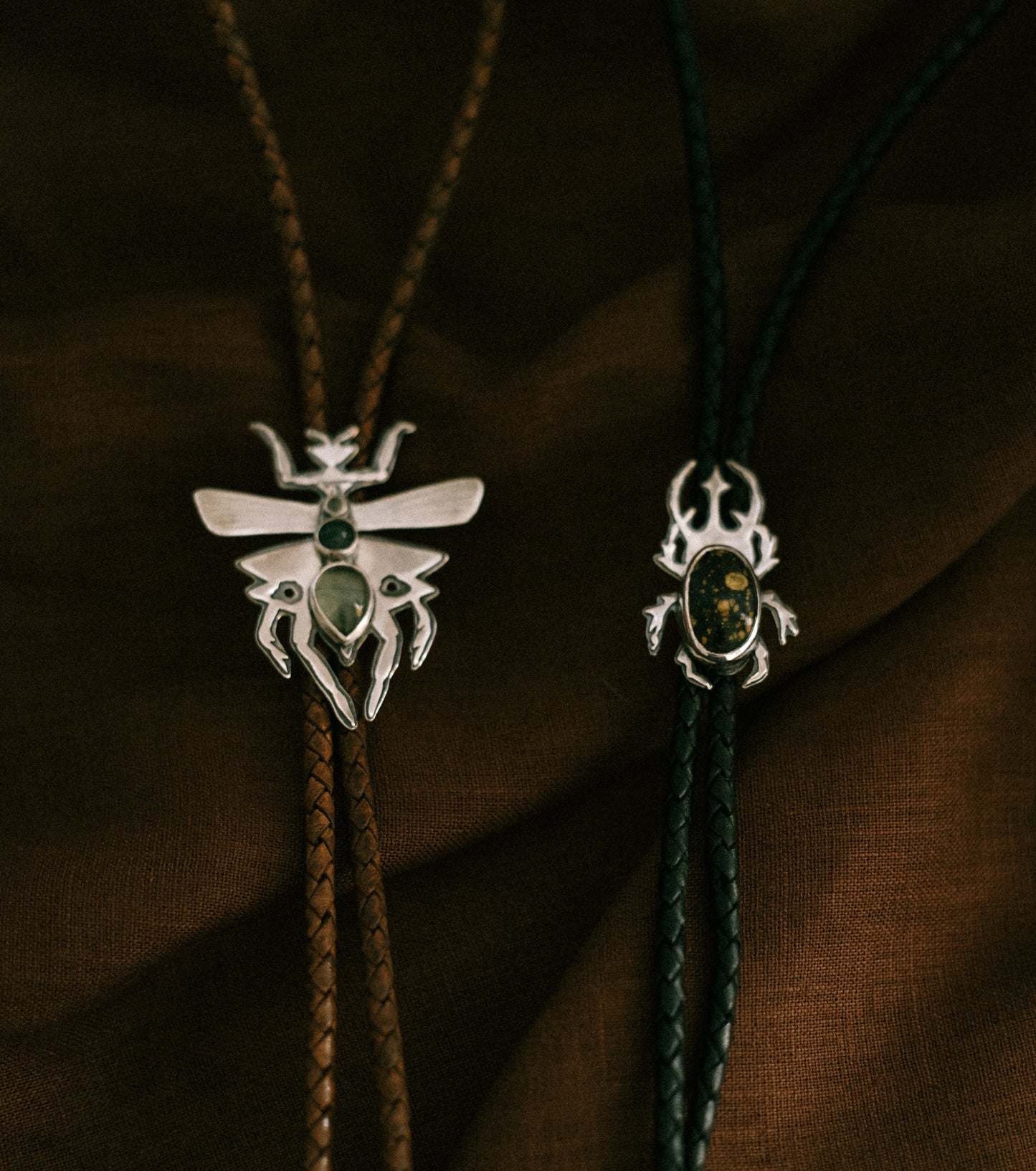 bolo ties - pray mantis and scarab beetle