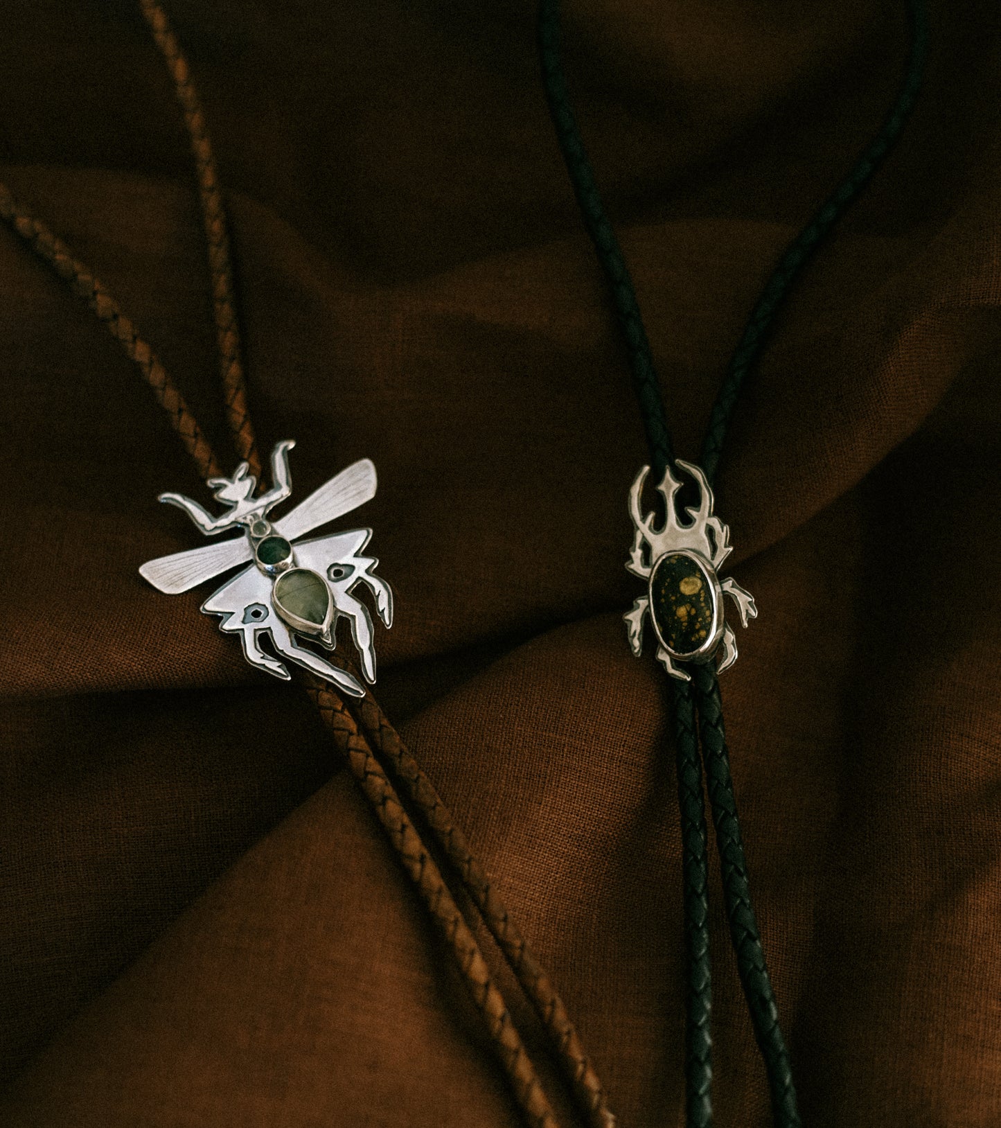 bolo ties - pray mantis and scarab beetle