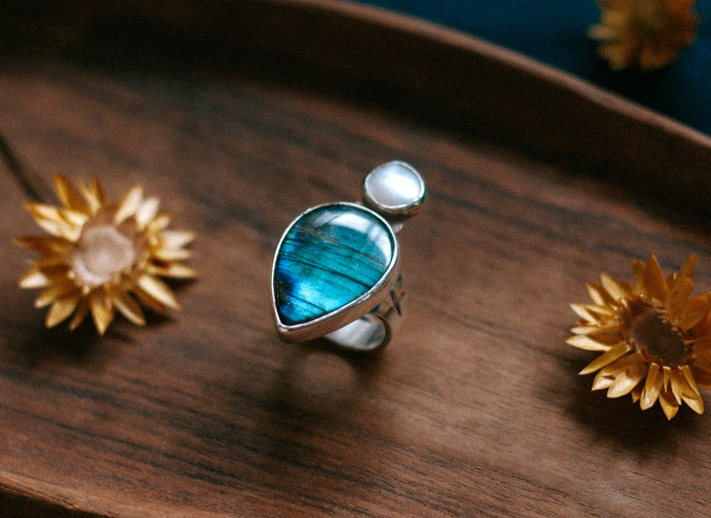 labradorite and pearl ring