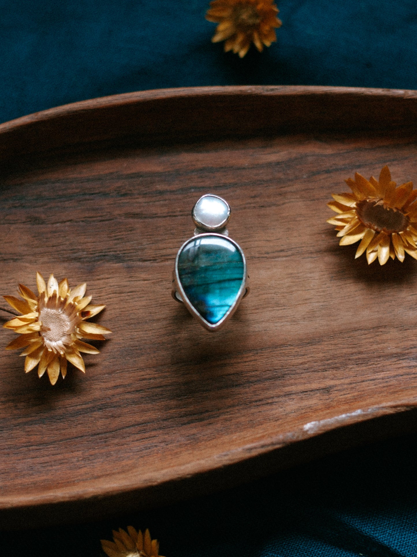 labradorite and pearl ring