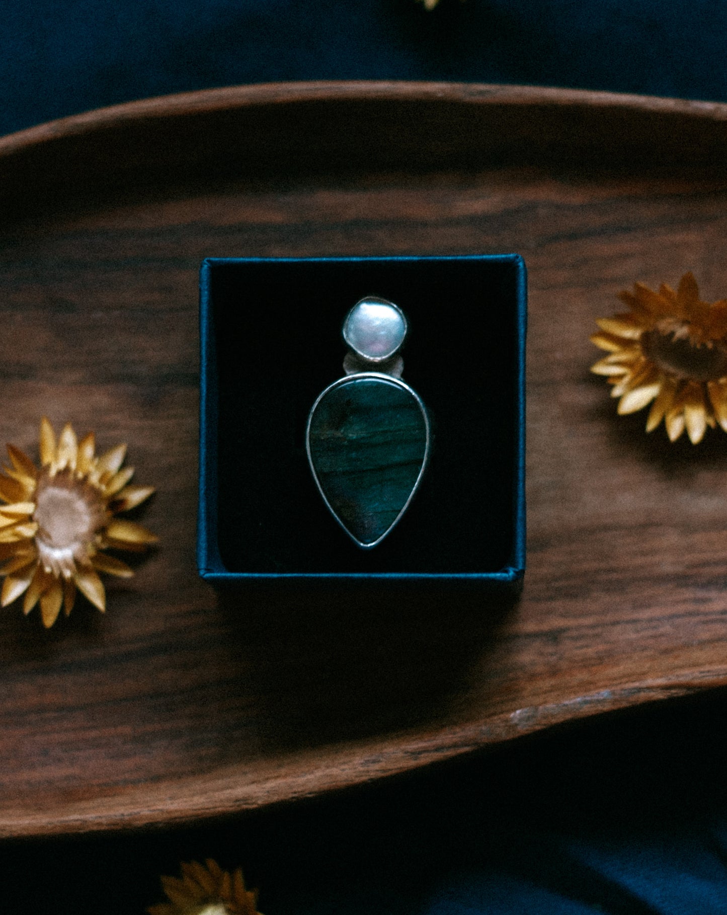 labradorite and pearl ring