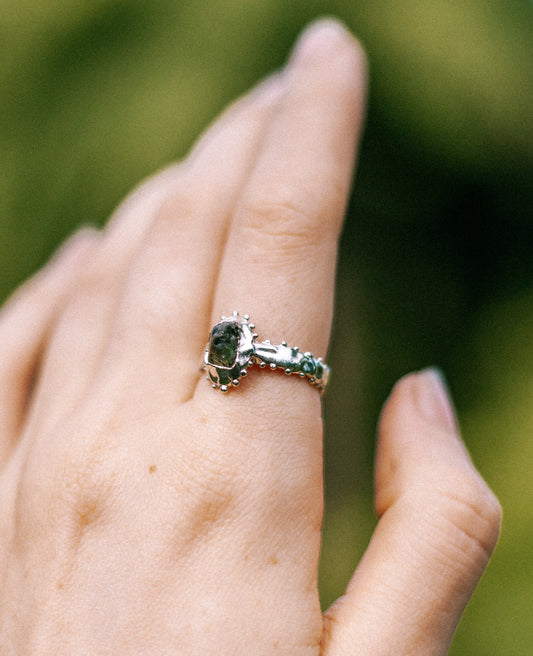deep green raw sapphire ring